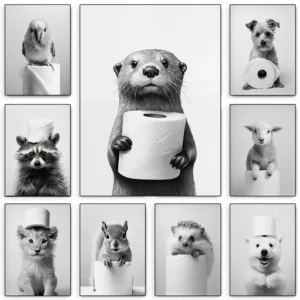 kf S69b17c273a734a7a871db093d1bc7ef7u Black and White Cute Animal and Toilet Paper Poster Lion Owl Cat Dog Canvas Painting Wall Markeet